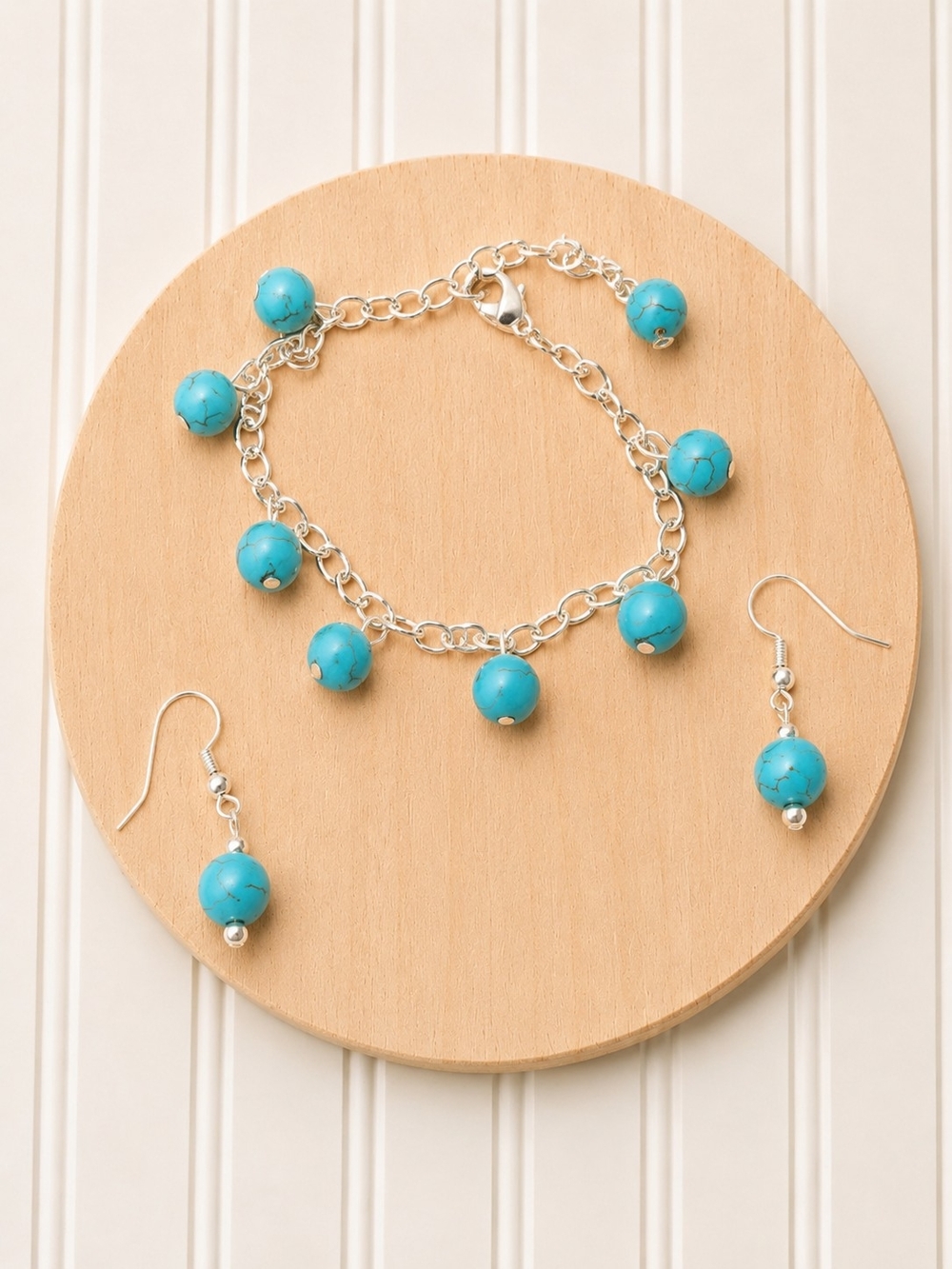 Turquoise Bead Charm Bracelet & Earrings Set - Women Jewelry
